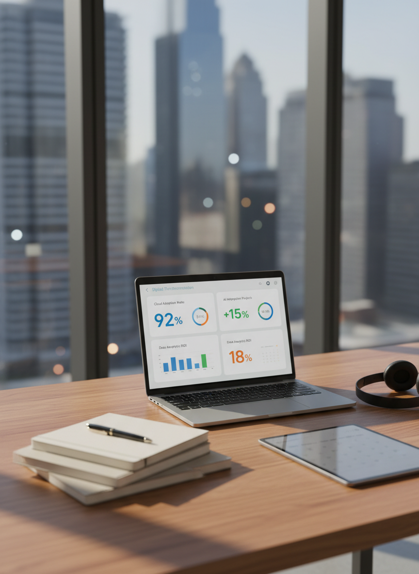 A sleek, modern consulting workspace featuring an open laptop displaying a clean dashboard of digital transformation metrics, surrounded by neatly arranged notebooks, a tablet, and a wireless headset on a warm oak desk. Behind, a large glass wall reveals a blurred city skyline, suggesting strategic perspective without distraction. Soft morning daylight filters through tall windows, creating gentle reflections on the laptop’s metallic surface and subtle shadows from the stationery. Photographic realism at eye level, with a shallow depth of field that keeps the digital tools in sharp focus and the background softly bokeh. The mood is professional, calm, and focused, conveying clarity amid change and complexity.