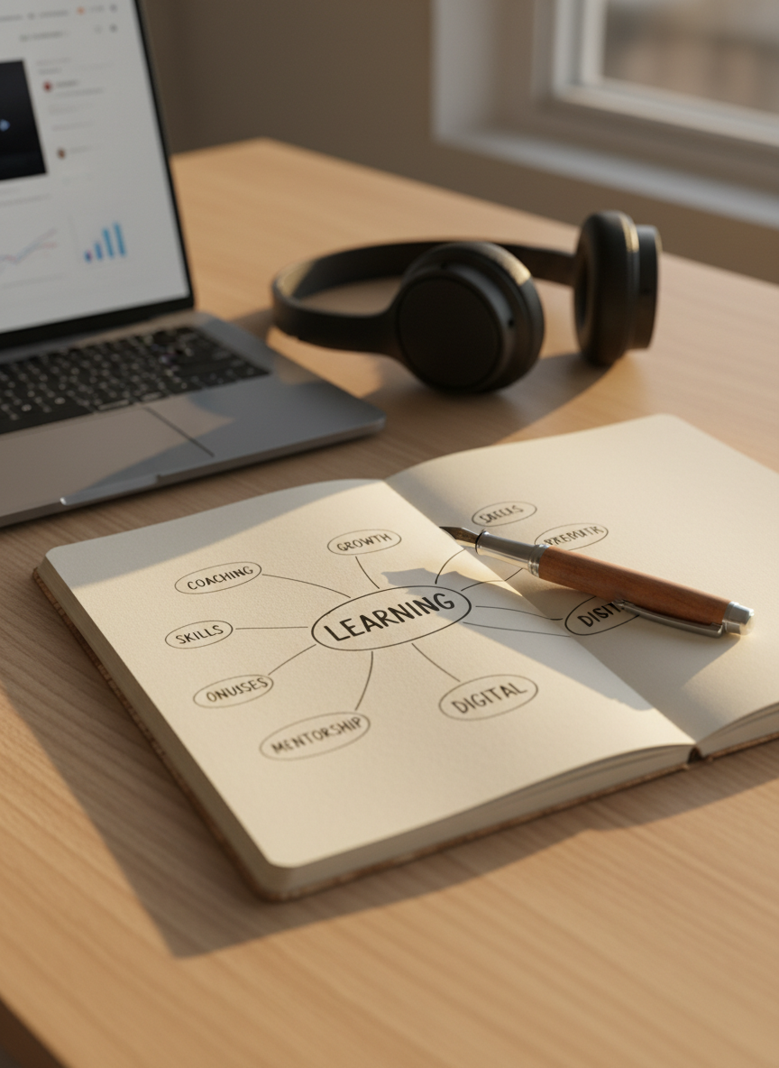 A close-up of a minimalist wooden desk featuring an open notebook with a crisp, hand-drawn mind map about "learning, coaching, digital" in clear printed text, a fountain pen resting diagonally across the page, and a slim laptop partially visible to the side showing a softly blurred e-learning interface. A pair of over-ear headphones lies neatly folded nearby, suggesting focused listening and coaching. Warm late-afternoon light from a nearby window casts gentle, directional shadows and a golden edge along the notebook’s paper texture. Photographic realism, shot from a slightly elevated angle with shallow depth of field, highlighting the intersection of analog reflection and digital tools. The mood is thoughtful, professional, and reassuring.