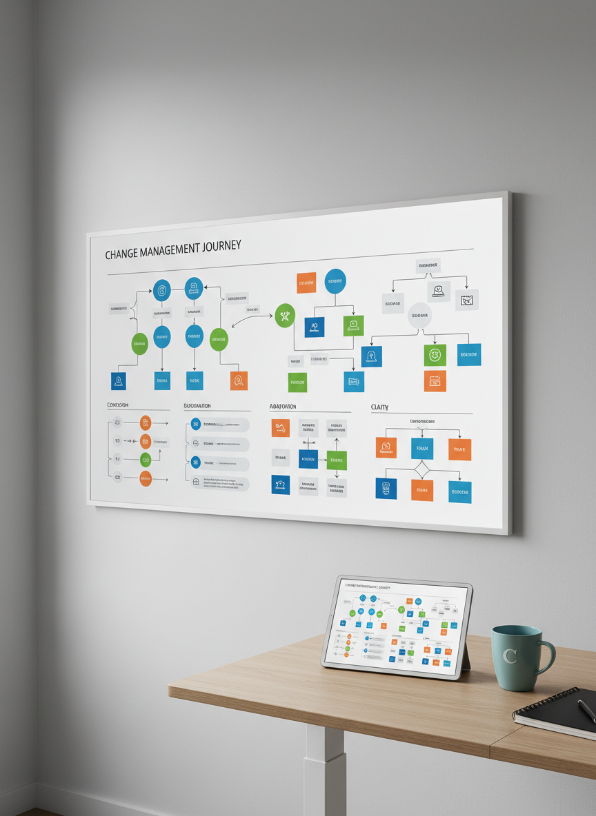 A large, frameless digital whiteboard mounted on a matte light-gray wall, filled with neatly arranged flowcharts, colored sticky-note shapes, and diagrams illustrating a change management journey from confusion to clarity. On a nearby standing desk, a slim tablet mirrors a simplified version of the same plan, alongside a single mug and a closed notebook. Diffused overcast daylight from an unseen window provides even, shadow-free illumination, emphasizing legibility and order. Photographic realism with a slightly elevated, wide-angle composition that captures both whiteboard and desk. The atmosphere is methodical, optimistic, and organized, ideal for a digital consulting site about guiding people through uncertainty.